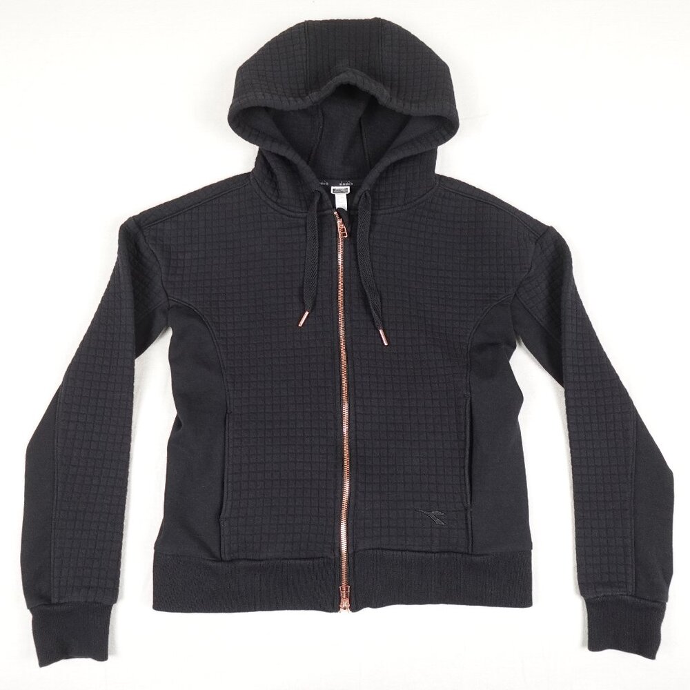 Diadora Quilted Zip Up Hoodie Women's Medium Black with Rose Gold Sweatshirt